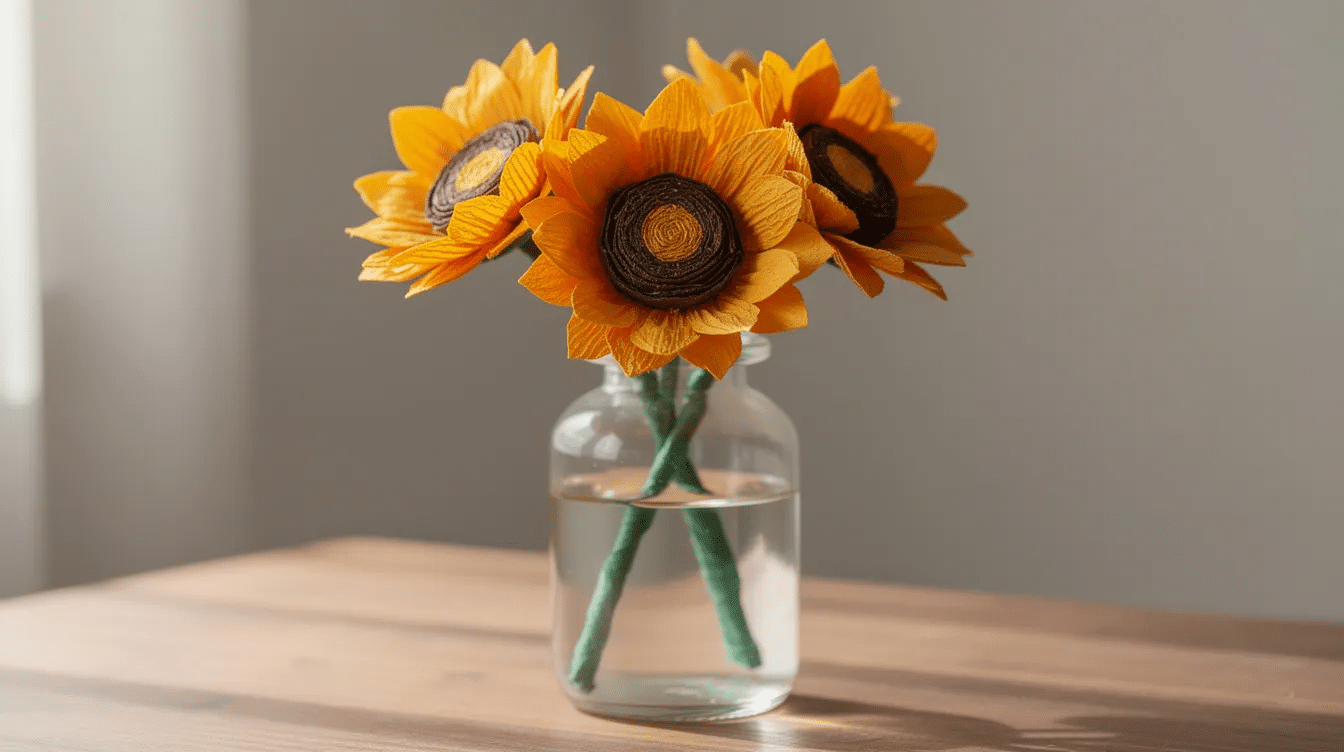03fdce2e 8390 4376 bdac 3bdce2075465 A small vase holds a vibrant arrangement of paper sunflowers showcasing their bright yellow petals and brown centers perfect for a cheerful summer decor This delightful paper sunflower craft adds a touch of creativity and color to any home making it an ideal project for kids and craft enthusiasts alike