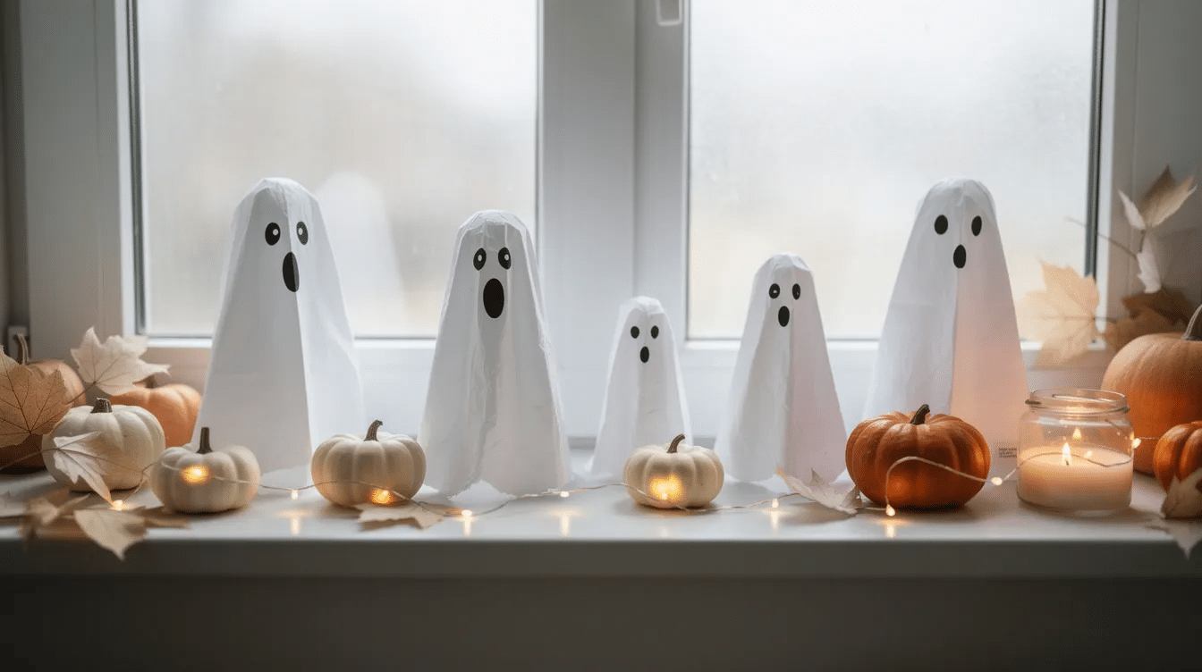 A charming display of small standing paper ghosts crafted from white fabric and tissue paper adorns a windowsill surrounded by soft Halloween decorations These cute ghost shapes perfect for imaginative play and easy Halloween crafts add a festive touch to the Halloween spirit