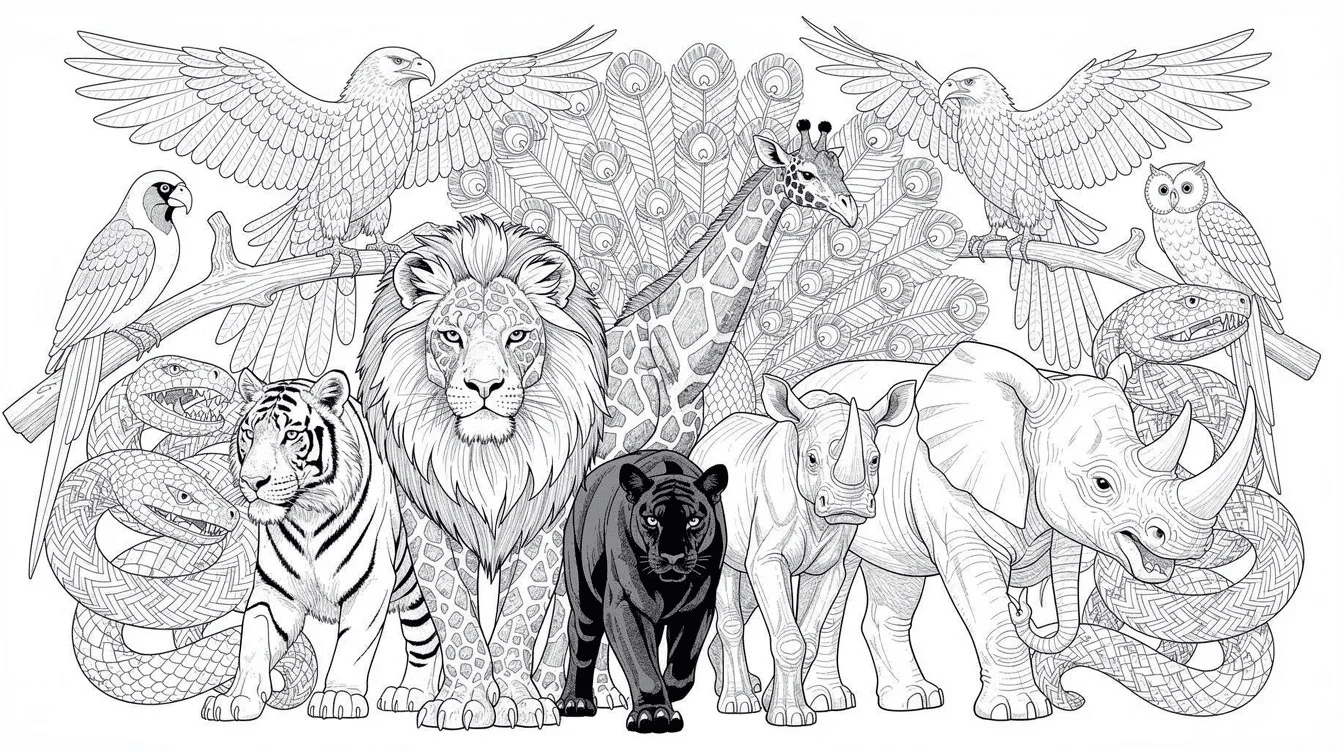 07113466 2b5a 485a 9c6e 6f1292a393f5 This image features intricate animal coloring pages for adults showcasing majestic lions tigers elephants and dynamic birds like eagles and peacocks inviting nature lovers to explore their creativity through detailed illustrations The designs include textured scales and patterns perfect for deep concentration and rewarding coloring experiences