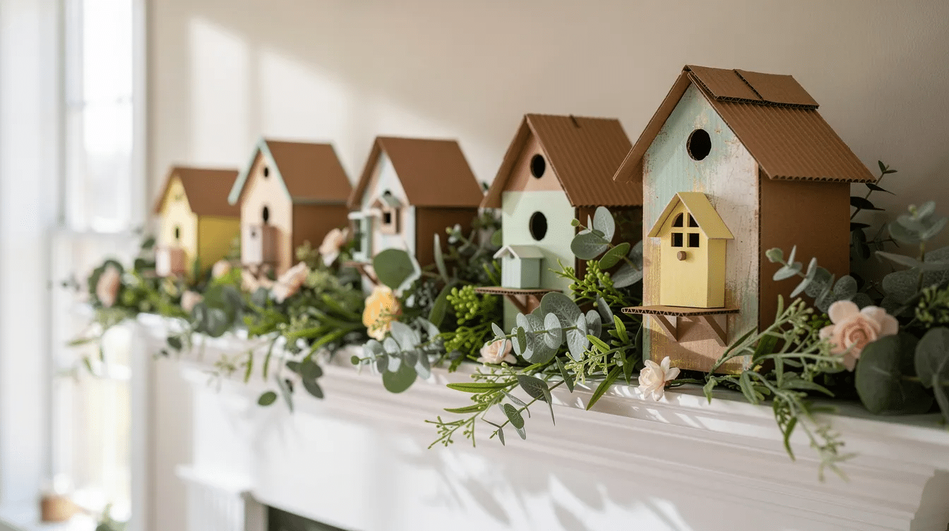0730883e de63 42ac 983d 1e3e75063d32 The image features handmade cardboard birdhouse ornaments crafted from toilet paper rolls and decorated with colorful tempera paint displayed on a spring mantel garland adorned with lush greenery These creative birdhouses complete with wings and beaks add a whimsical touch to the seasonal decor