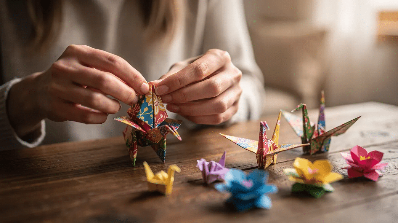 090c8750 509e 4fec acbb c026379e0ad6 A person is carefully folding a small colorful origami animal using origami paper surrounded by several finished paper shapes that showcase different models and intricate designs The scene highlights the art of folding origami featuring various types of paper including washi and standard origami paper emphasizing the creativity and skill involved in this craft