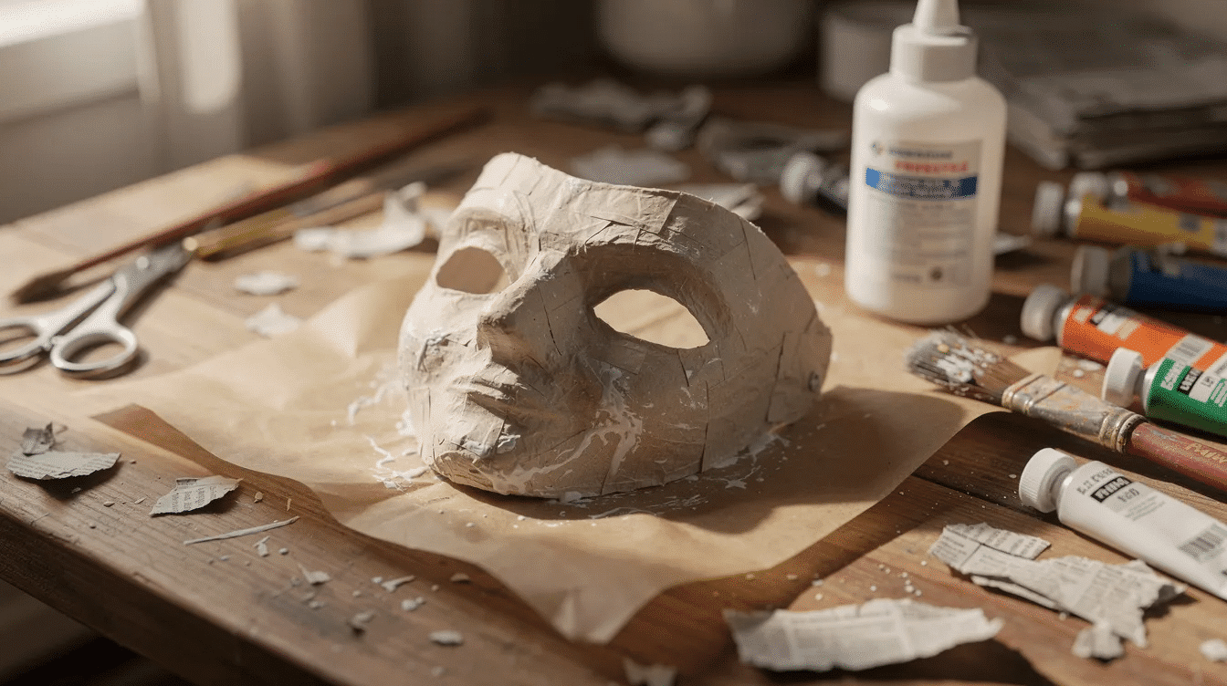 0a5b57d8 ab80 48a4 8bfe ff7b203876cd A small paper mache mask is drying on a table surrounded by various craft tools including brushes and containers of glue The mask part of a creative paper mache project showcases a layered design that reflects the fun and artistic process of crafting with different materials