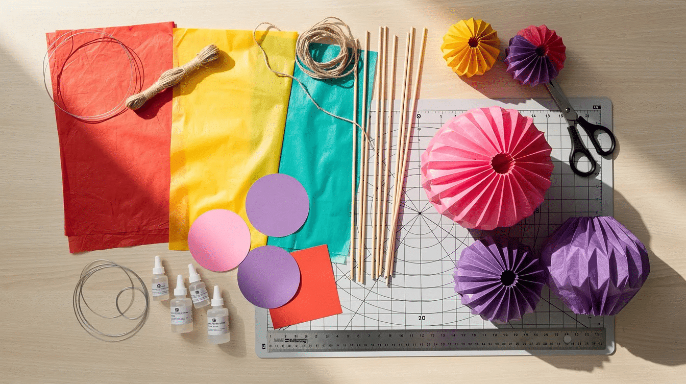 A variety of colorful paper lantern craft supplies are neatly arranged on a table including different sheets of construction paper scissors a hot glue gun and a ruler The materials are ready for kids to create vibrant paper lanterns for occasions like Lunar New Year featuring folded edges and long strips to assemble and decorate