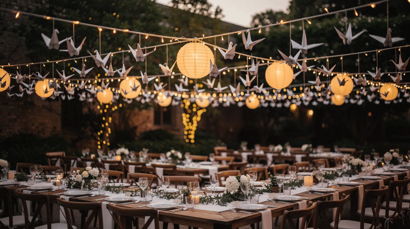 0aa984e6 98b6 4c24 a29e 8721dad15de4 The image features an enchanting wedding reception scene with colorful paper cranes and delicate lanterns hanging above elegantly set tables This charming display serves as a creative and eco friendly decoration idea perfect for adding a personal touch to the special day