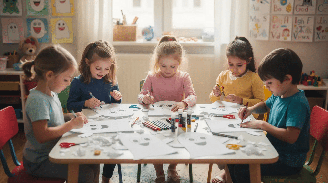 A group of children are joyfully creating cute paper ghost crafts at a table surrounded by colorful markers glue and scissors The scene captures the festive spirit of Halloween as they craft adorable little ghosts with imaginative designs perfect for a Halloween party decoration