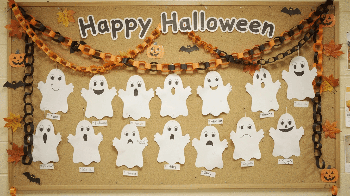 The image shows a vibrant classroom wall display adorned with an array of handmade paper ghosts showcasing various ghost shapes and spooky faces alongside colorful Halloween garlands This festive decoration highlights easy Halloween crafts for kids creating a fun and imaginative play environment for the Halloween spirit