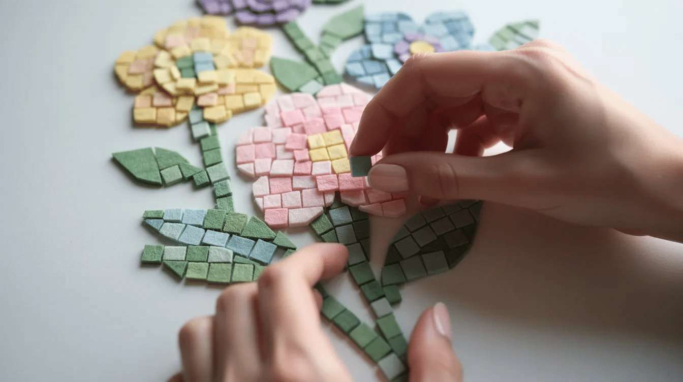 11364d82 b2a8 4216 814b 3caed26d9946 A pair of hands is carefully placing small colored paper tiles onto a flower mosaic creating a beautiful design with different shapes and shades The project showcases the fun of crafting with paper pieces as the person adds more tiles and prepares to glue them down with mod podge for the finishing touch