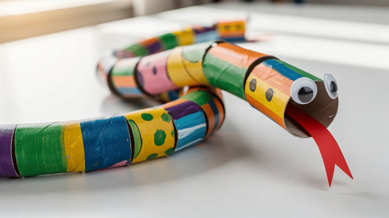 126a5bb1 dfbf 479a 827c bbc5201170d9 The image depicts a finished snake craft made from an empty toilet paper roll featuring brightly painted segments and a striking red forked tongue The snake's head is adorned with googly eyes, giving it a playful and fun appearance, perfect for kids' craft activities.