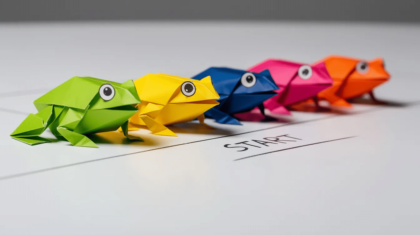 178828f4 4fe6 407a 9bc7 518a3a9bee51 A vibrant lineup of several origami frogs each crafted from colorful paper is positioned at the starting line for a playful race The frogs feature cute googly eyes and are ready to jump showcasing their unique designs and bright hues against the backdrop of a table