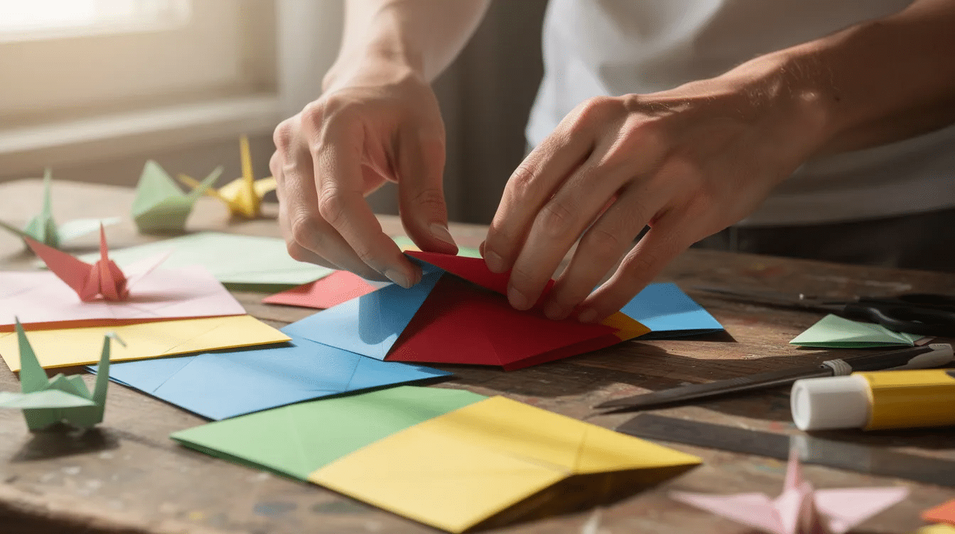 17e23ea7 852a 4f1a 8d8b a55893516bf3 A pair of hands is carefully folding a flat sheet of colorful paper on a craft table surrounded by tools like scissors and a craft knife This scene captures the essence of paper folding art showcasing the basic techniques involved in creating decorative items such as paper flowers or kirigami snowflakes