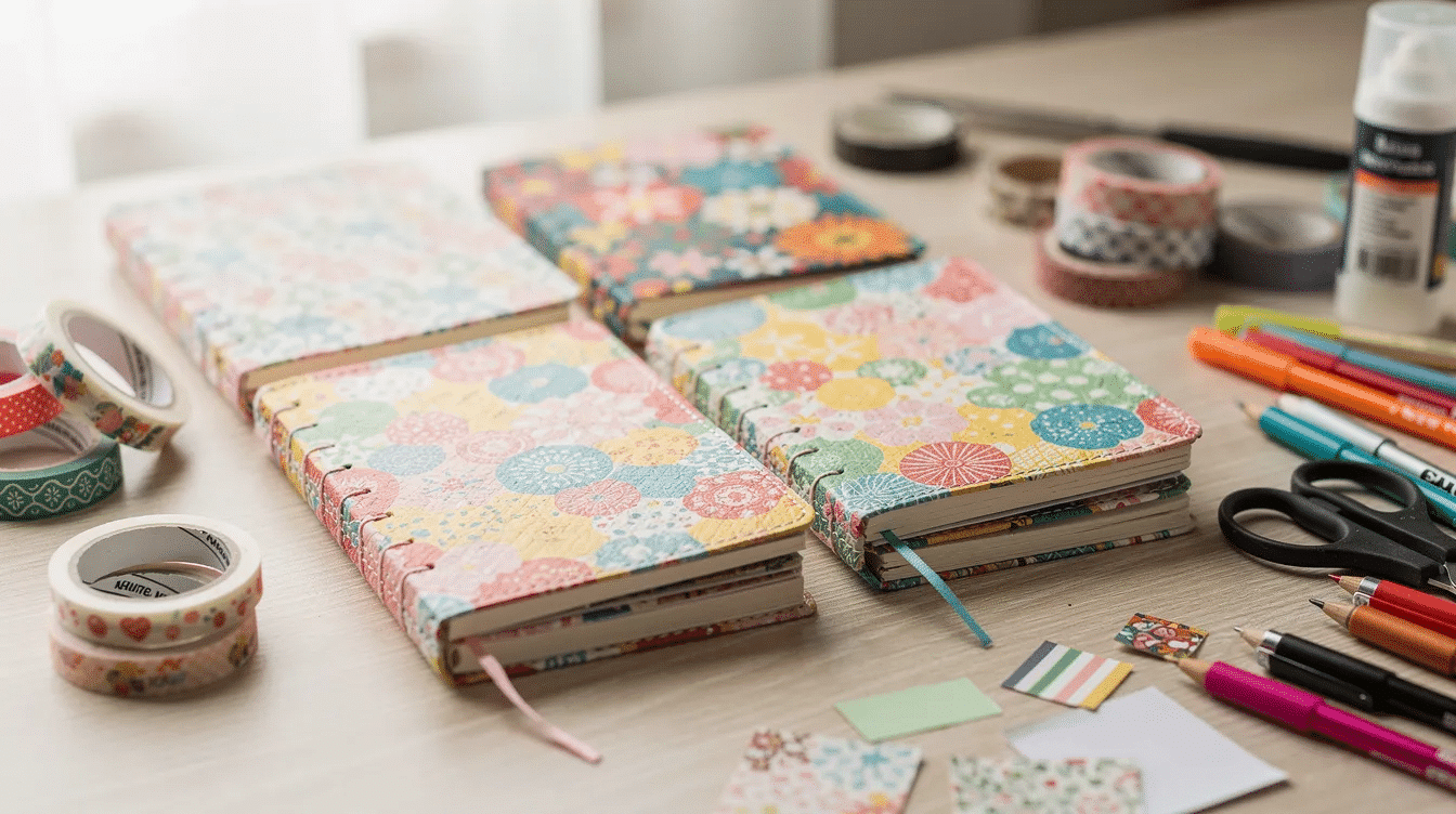 The image features a collection of small handmade notebooks with colorful covers surrounded by various craft supplies like tape scissors and a cutting mat perfect for a DIY notebook project These cute notebooks made from lined paper are ready for anyone looking to create their own convenient space for notes and ideas