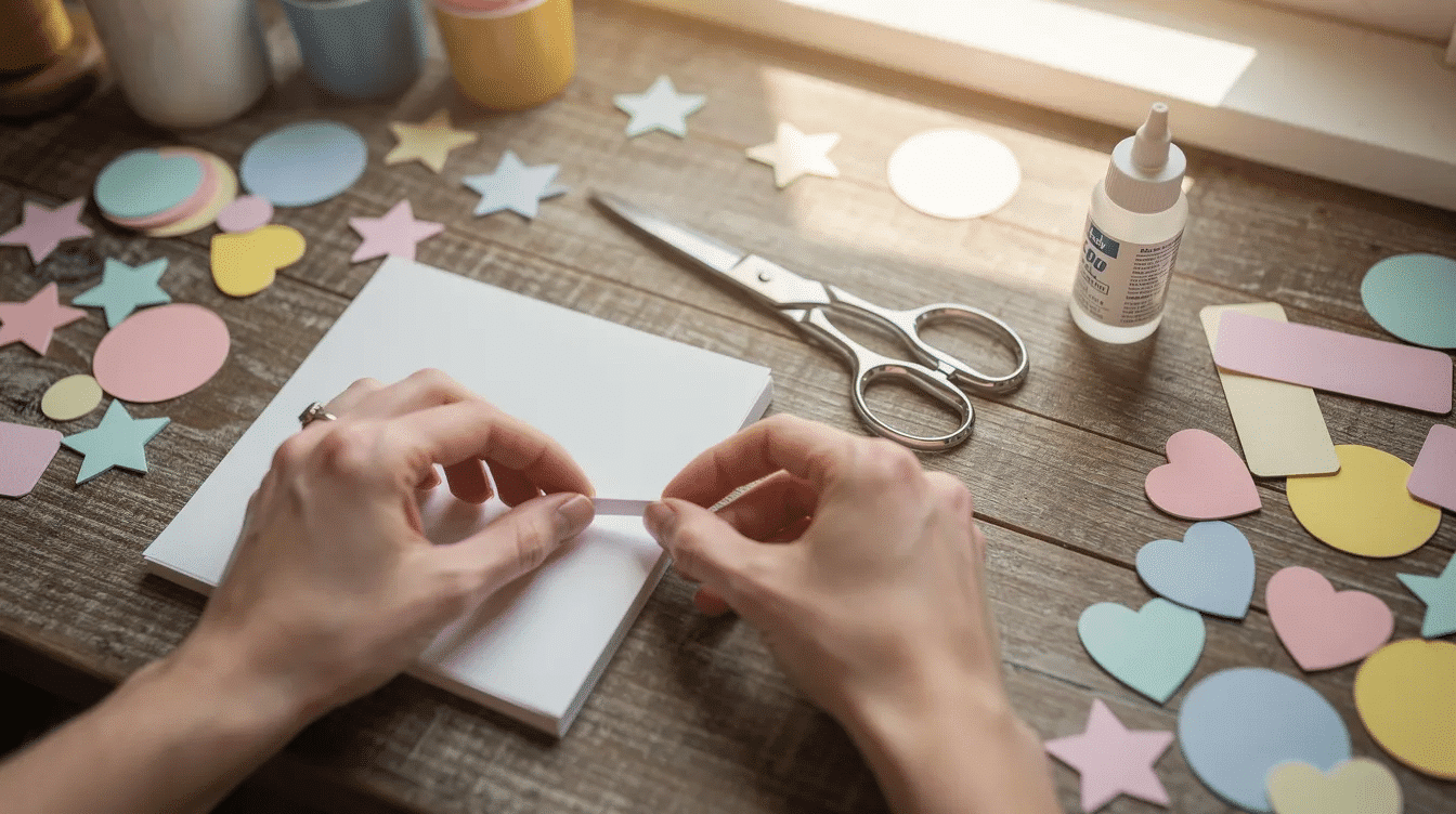 186b45f3 1061 4ba7 a8ad ee2a72620836 A pair of hands is carefully arranging colorful paper shapes scissors and glue on a craft table preparing to create unique wall art The vibrant cardstock pieces suggest inspiring ideas for paper craft projects that can add a personal touch to home decor