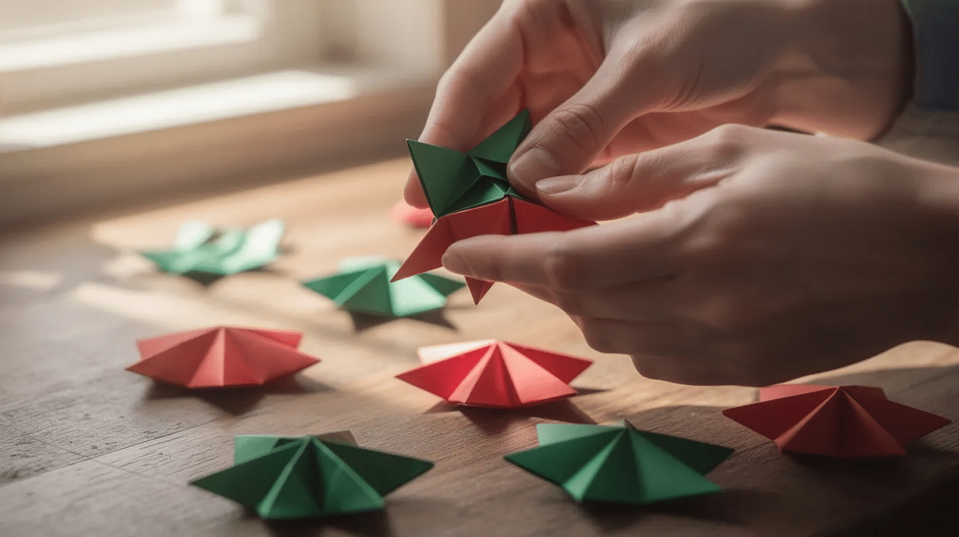 18a20cd5 df6f 4688 ac2e f45161338556 Two hands are skillfully folding vibrant red and green origami paper into small star shapes perfect for creating colorful paper Christmas ornaments This DIY craft showcases the festive spirit of the holiday season ideal for decorating a Christmas tree or adding to homemade holiday decorations