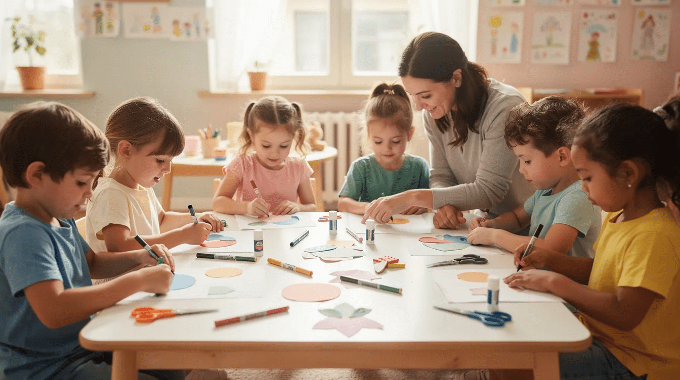 A group of children is happily crafting at a table using markers and colorful paper shapes while an adult supervises their creative project They are engaged in making their own stickers and custom labels surrounded by various craft supplies showcasing their artistic talents