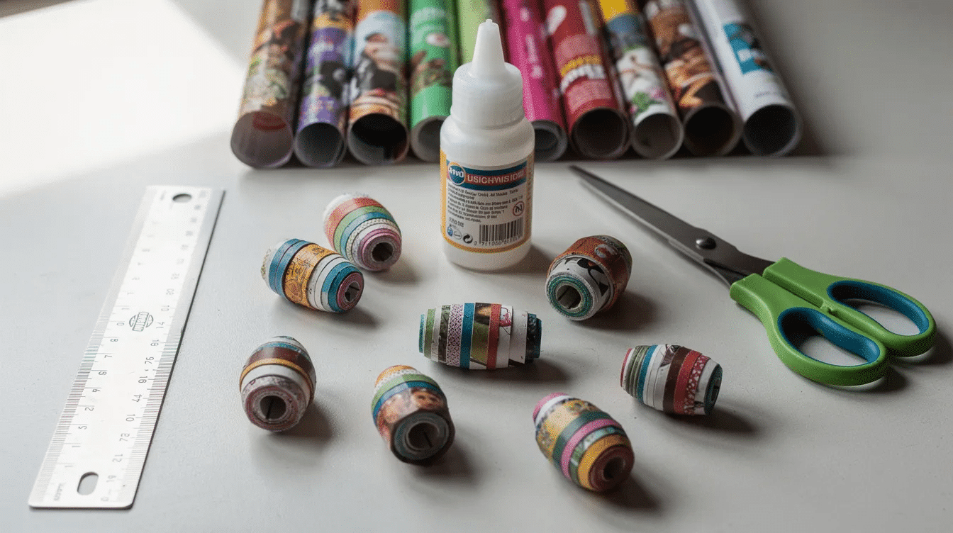 193d0212 c5bf 47f3 ab42 b495f226638a The image features an assortment of handmade paper beads in various shapes including teardrop and triangle strips placed beside tools such as scissors a ruler and a glue stick along with rolled magazine pages This setup illustrates the materials and tools needed to make paper beads showcasing the creative process of bead making from paper products