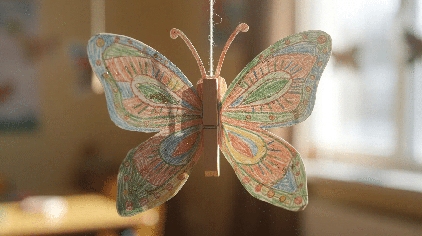 1996c65c 6c37 4113 8309 ed524ba990e1 A colorful toilet paper roll butterfly craft hangs from a string showcasing its vibrant butterfly wings decorated with craft gems and googly eyes This cute project made from a cardboard tube is a fun and creative activity for kids perfect for preschool or kindergarten classrooms