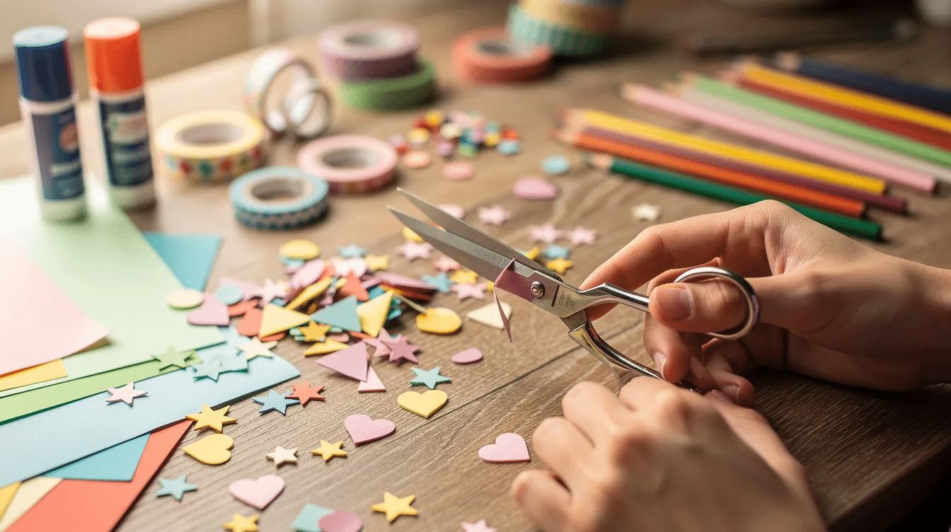 19b8172b 9295 4de7 b2f6 2f0dfd17f73d The image shows small paper shapes being cut with scissors on a flat craft table surrounded by various supplies like colored pencils and markers illustrating a creative process for making your own stickers This scene captures the fun and hands on approach to DIY sticker design perfect for kids and adults alike