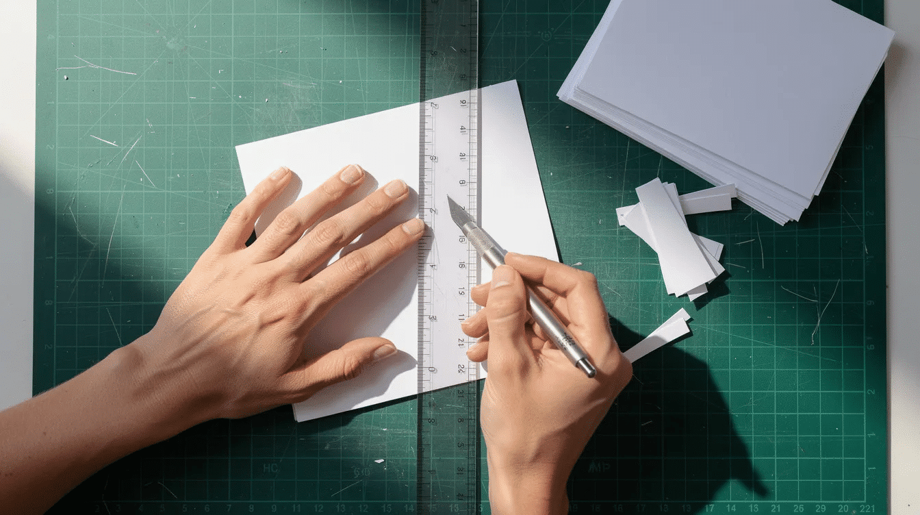 A pair of hands is cutting square sheets of colorful paper on a craft mat surrounded by various supplies like scissors and a glue stick This scene illustrates the creative process of preparing materials for a fun D paper sculpture project