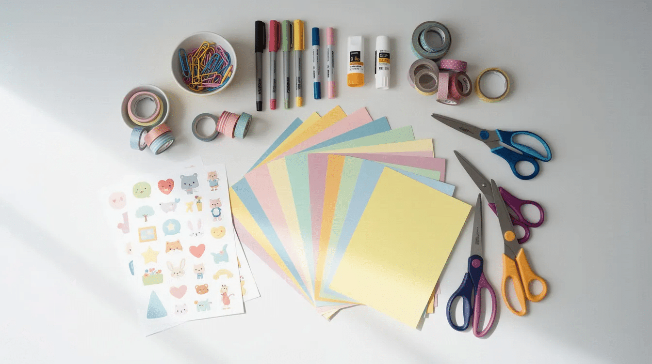 The image shows an assortment of craft supplies including scissors colorful sticker sheets and various types of paper arranged neatly on a clean desk ideal for projects involving custom stickers and printable sticker paper The vibrant colors and organized layout suggest a creative workspace ready for crafting and sticker printing