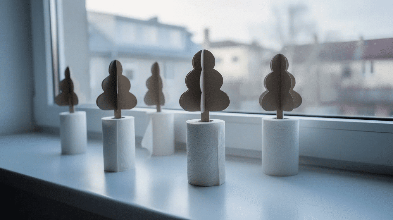 1c15cf82 88d5 4bf6 9d13 18ad4035ac95 The image features a collection of finished toilet paper roll Christmas trees displayed on a windowsill showcasing various colors of green paint and decorated with small ornaments and glitter These DIY Christmas trees made from empty toilet paper rolls add a festive touch to the home during the holiday season