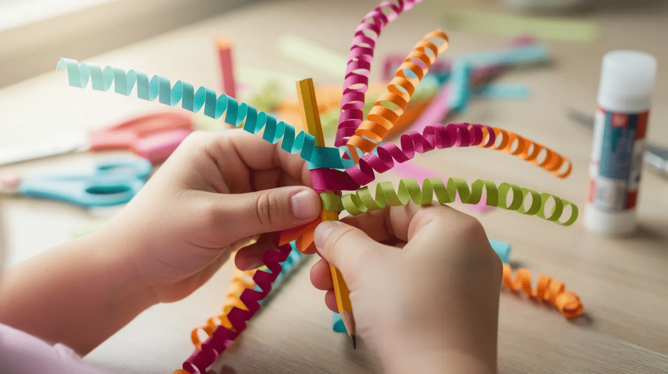 1cabef59 895b 4cd0 8e0b f6c9c5f4affc A child is skillfully wrapping colorful paper strips around a pencil to create curled tentacles for a paper cup octopus craft This fun activity helps develop fine motor skills and encourages creativity in little ones as they prepare to add googly eyes and other details to their sea creature masterpiece
