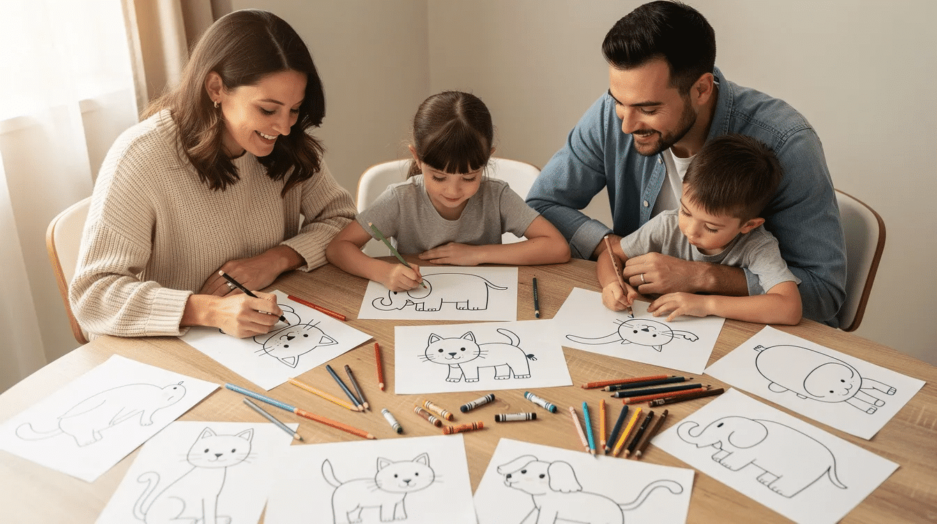 1e23d616 ede7 46d2 955f 93f3f9977807 A family is gathered around a table drawing simple animal outlines on paper with colored pencils creating their own coloring pages This fun activity inspires creativity and allows them to personalize their own coloring book with illustrations that reflect their imagination