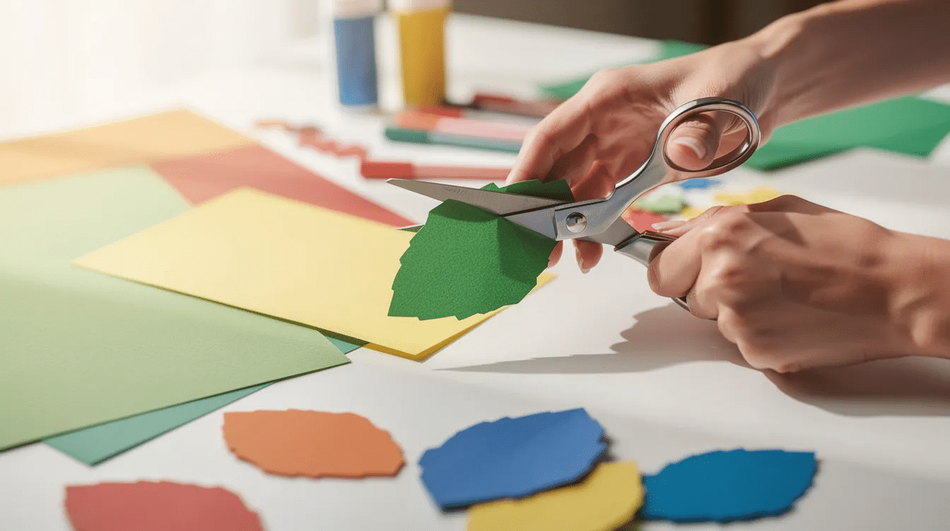 2129b6a0 225c 4347 a9a0 8c5f35123b2d The image shows hands cutting colorful paper leaves with scissors a fun and creative step in making a paper wreath This project involves using various colors to create unique shapes that can be used to decorate a wreath form for the holidays