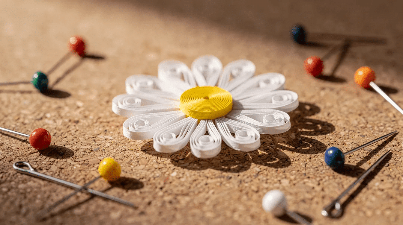 A small white quilled daisy with a yellow center is drying on a cork board held in place by straight pins showcasing the delicate art of paper quilling Nearby tools such as a slotted tool and a needle tool are visible emphasizing the intricate process of creating quilling flowers with paper strips