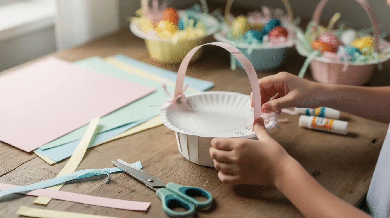 245390ae 8cd5 43ac 8be2 9bcd0f3e6662 A plain paper plate is being transformed into a small Easter basket surrounded by pastel colored paper supplies This simple paper basket craft is perfect for kids and involves folding cutting and decorating to create a cute DIY Easter basket for filling with chocolate eggs