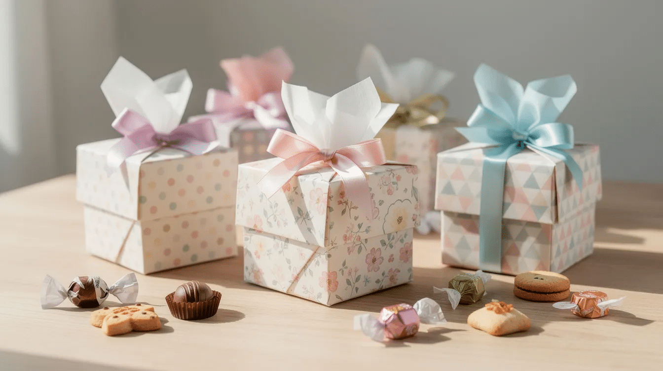 The image features several finished folded paper gift boxes made from patterned paper adorned with ribbons and accompanied by tissue paper and small treats showcasing the art of paper crafts and DIY gift box creation