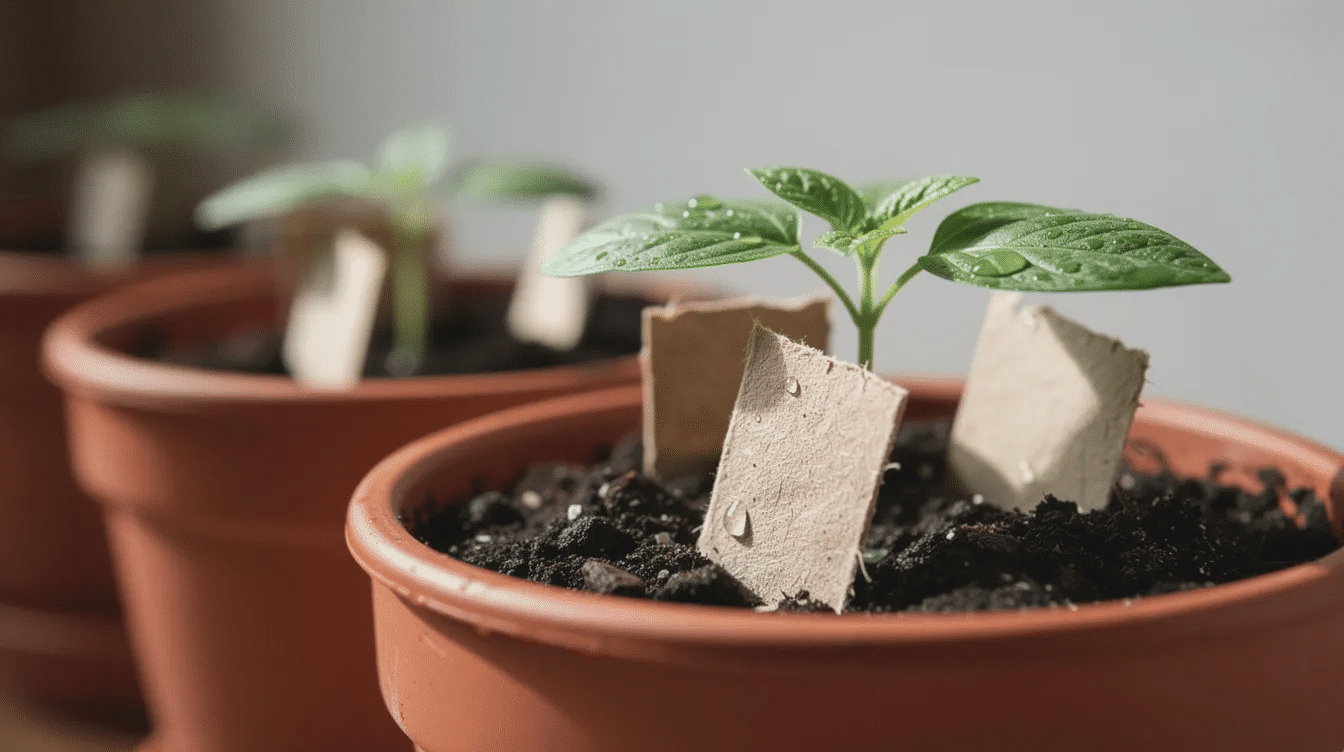 266efe57 d1f5 4d4e b911 99de6af7cd5f The image shows small biodegradable pieces of homemade seed paper planted in pots each containing young seedlings The seed paper made from a pulp mixture includes wildflower and vegetable seeds ready to germinate and grow into beautiful flowers