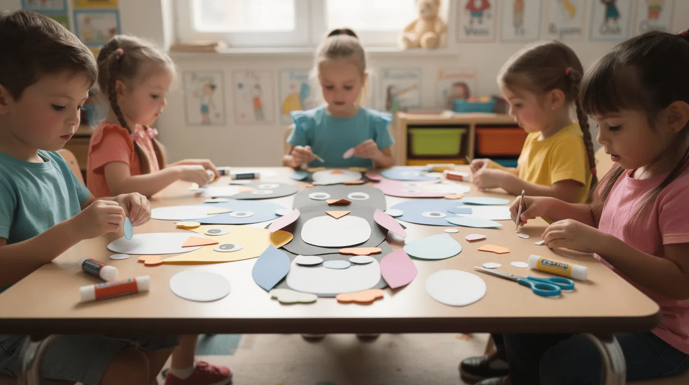 277d64cf 8eed 45b2 a34f dd9e7bf2a046 In the image children are gathered around a table enthusiastically arranging various pieces of their paper cup penguin craft including black construction paper for the penguin's belly and beak, alongside googly eyes and orange paper. This fun craft activity promotes fine motor skills as they prepare to glue the materials together to create adorable little penguins for their winter-themed crafts.