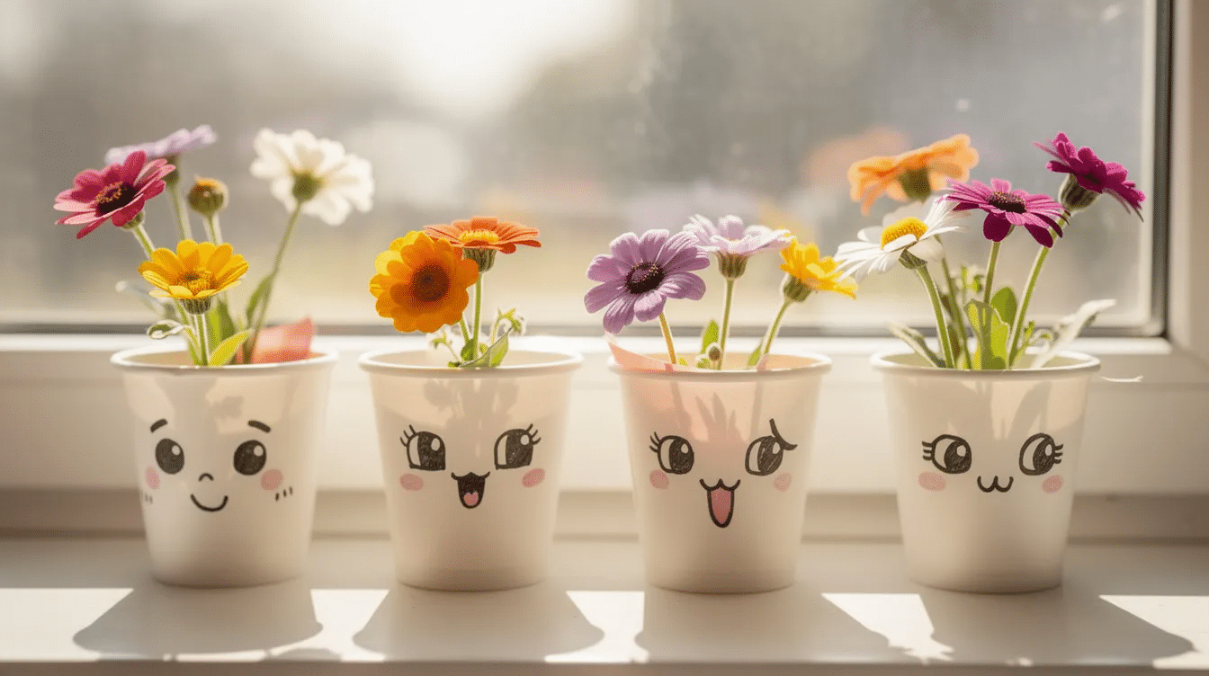 A cheerful scene features paper cups with doodled faces each holding small fresh flowers that resemble colorful hair placed on a sunny windowsill This delightful paper cup flower craft for kids brings a fun and cute touch to the spring atmosphere