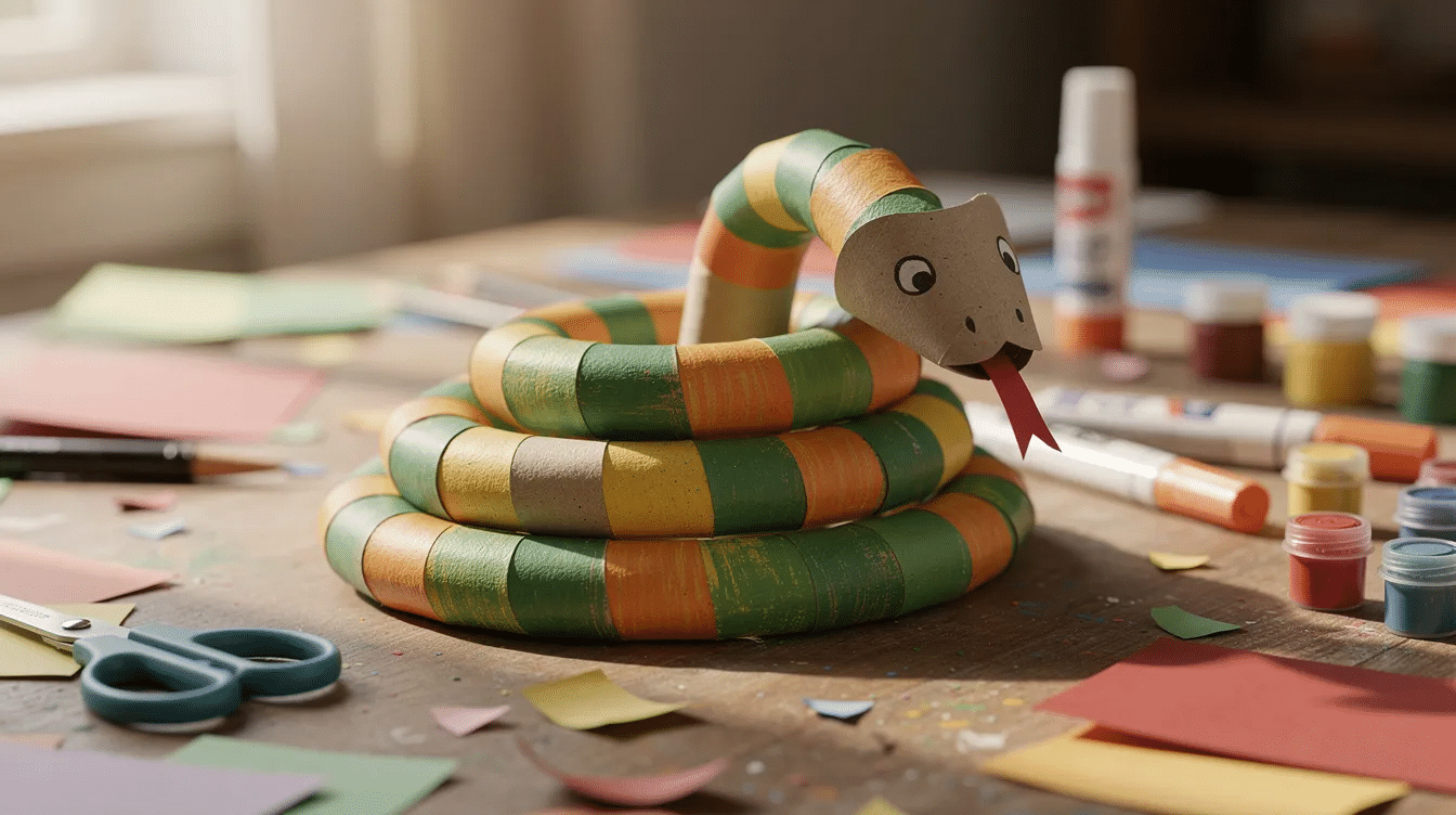 2898687b 0969 47a3 96e9 39b680b6cabd A colorful cardboard tube snake crafted from an empty toilet paper roll is curled up on a craft table The snake features googly eyes a forked tongue and is decorated with vibrant patterns showcasing a fun toilet paper roll craft for kids