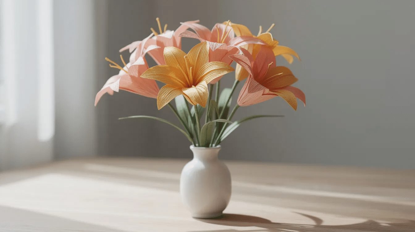 28b58de9 ee1e 4abb 87bd cc8c019690b8 A small vase holds a beautiful arrangement of finished pink and yellow paper lilies showcasing delicate origami flower petals that create a lovely and vibrant display The paper flowers are skillfully crafted demonstrating the fun and creativity involved in making origami lily flowers