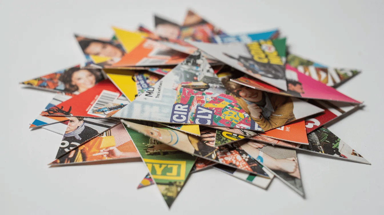 The image features colorful triangular paper strips cut from glossy magazine pages showcasing vibrant patterns and textures ideal for making paper beads These strips can be rolled tightly to create unique jewelry pieces like necklaces and bracelets making them perfect materials for various art projects