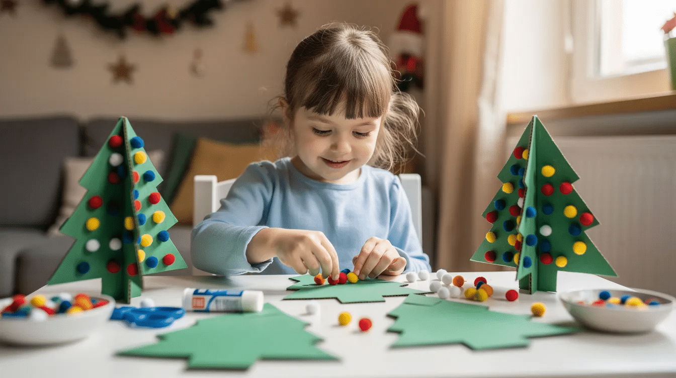 2aaf9f4a b19c 4426 a1e0 f175de13cc68 A child is joyfully decorating green cardboard trees with colorful pom poms creating a festive atmosphere for their DIY Christmas tree craft The scene captures the creativity and fun of holiday crafts perfect for preschoolers and families to enjoy together