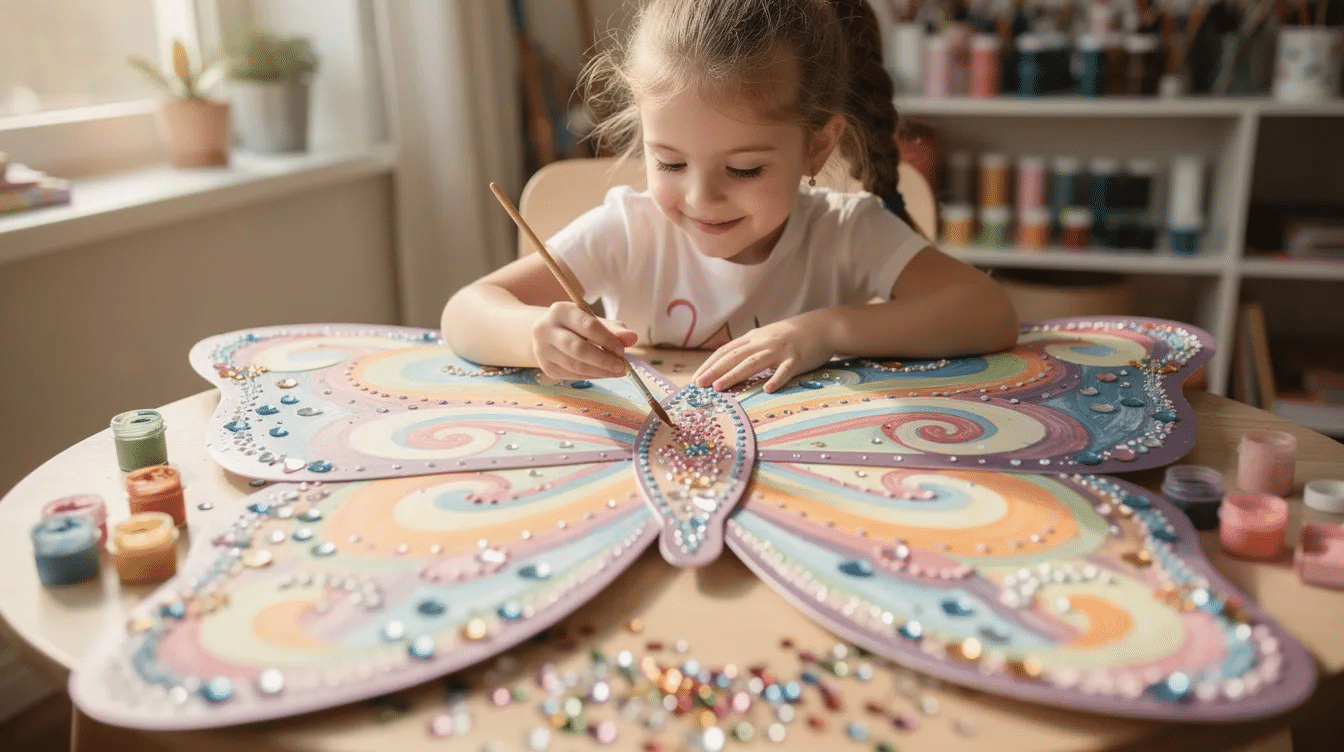 2b2ce98a 6bd9 4bea 8c52 a39851aeedd0 A child is happily decorating butterfly wings made from a toilet paper roll using vibrant paint and colorful craft gems The scene captures the joy of creativity as the child personalizes their own butterflies with various craft supplies