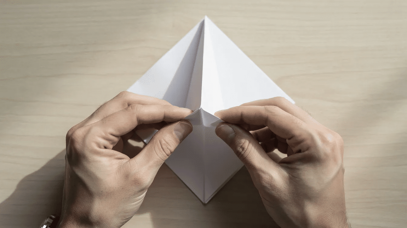 2b42e45b 017b 419c 8288 e9d1182c5a2a Two hands are folding a square piece of paper into a triangle demonstrating the initial step in creating paper roses This action is part of a tutorial that guides users on how to make beautiful flowers from simple materials