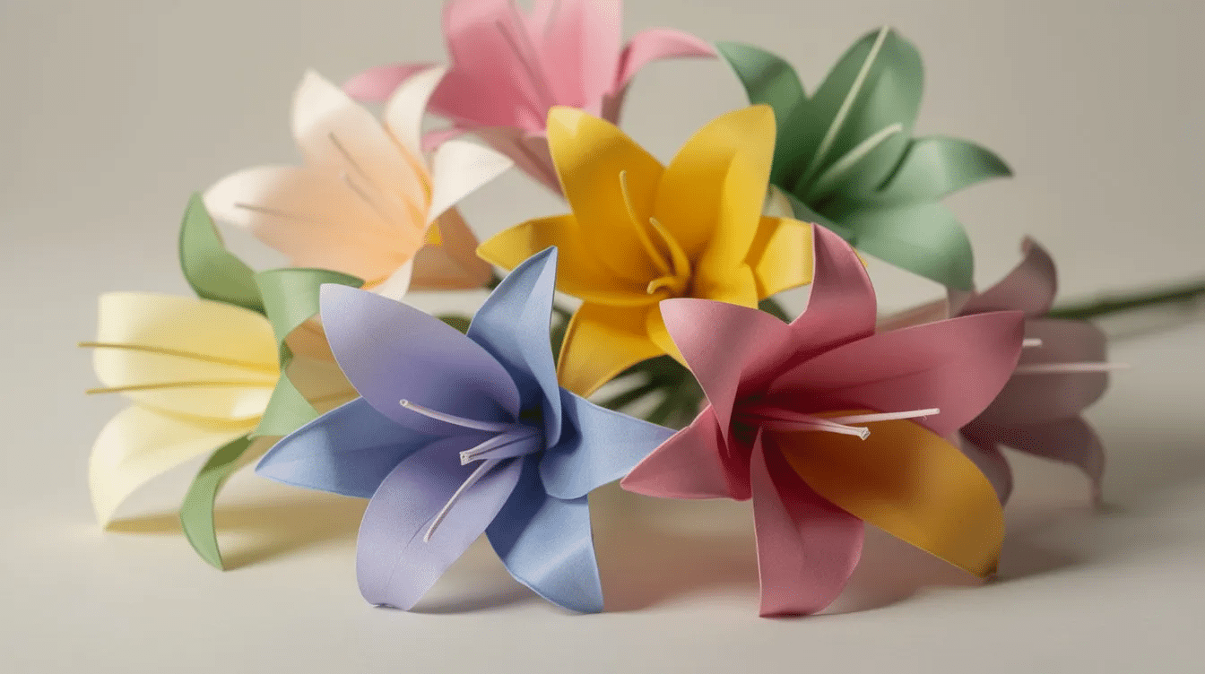 2d6a3fe0 e642 4987 b271 9d38043e4e7e The image features an assortment of colorful origami lily flowers each with elegantly curled petals showcasing a variety of hues such as pink and yellow These paper flowers are crafted from square pieces of origami paper demonstrating the beauty of folding techniques used in creating lovely floral models