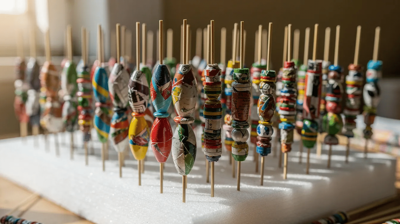 2db68cfd ac3b 48c2 85be 975469e5357b The image shows colorful paper beads drying on bamboo skewers which are inserted into floral foam blocks The beads made from strips of thicker paper like old magazines are coated with clear nail polish for a glossy finish showcasing various shapes including teardrop and triangle beads