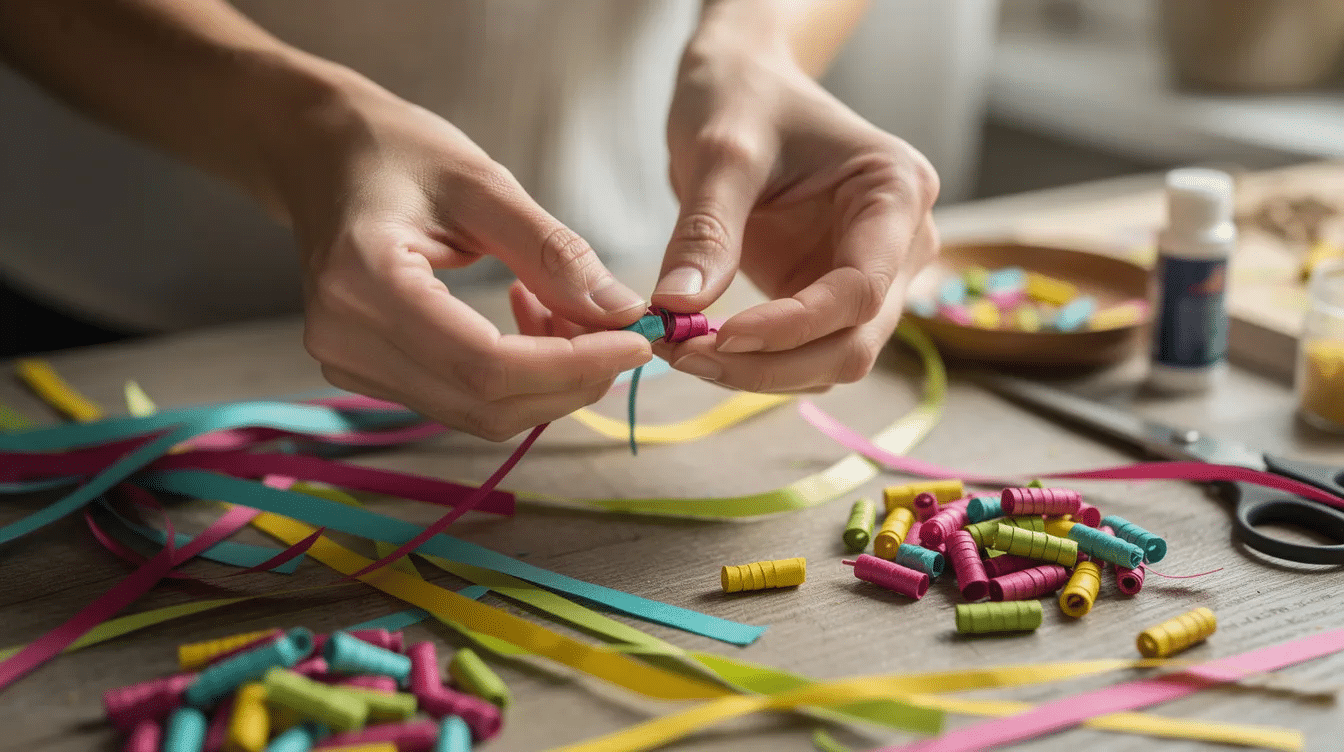 2dd018e5 c89c 4d63 98d3 ccd75d2e3465 A pair of hands is skillfully rolling colorful paper strips into tiny beads on a craft table surrounded by supplies like a glue stick and old magazine pages This process showcases the fun and creativity involved in making paper bead bracelets perfect for beginners looking to create unique jewelry projects