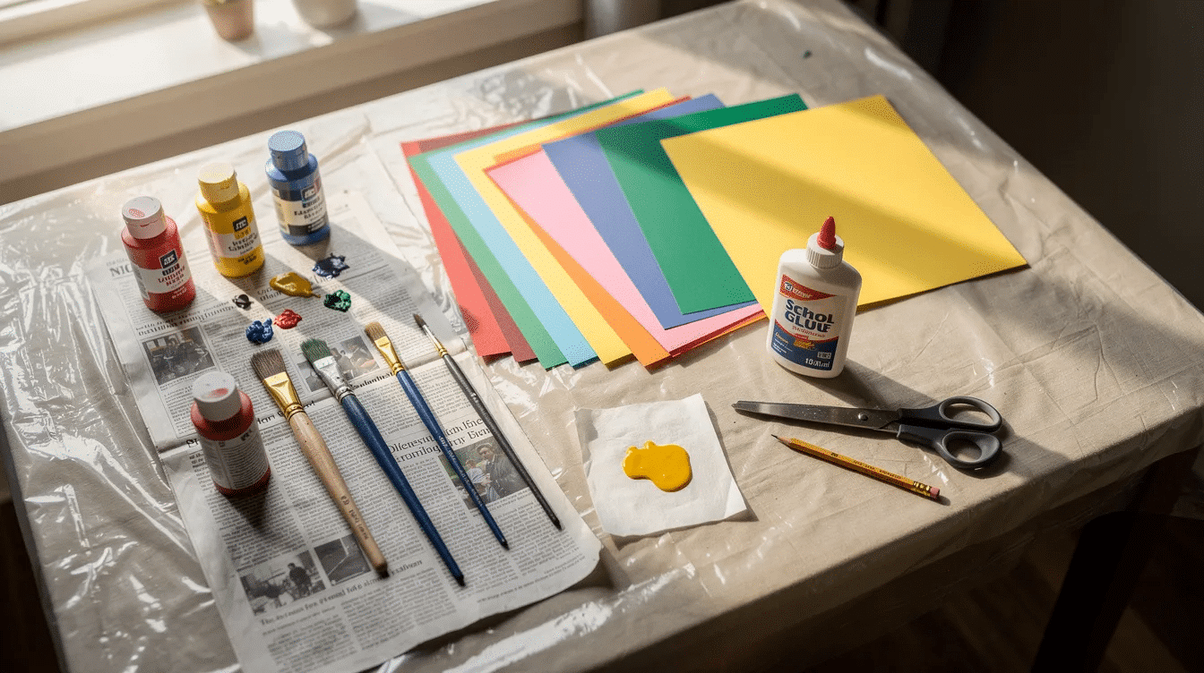 The image shows a table covered with craft supplies for making a paper mache mask including brushes newspaper glue and paint These materials are perfect for a fun project where you can create your own masks by layering paper strips and decorating them with vibrant colors