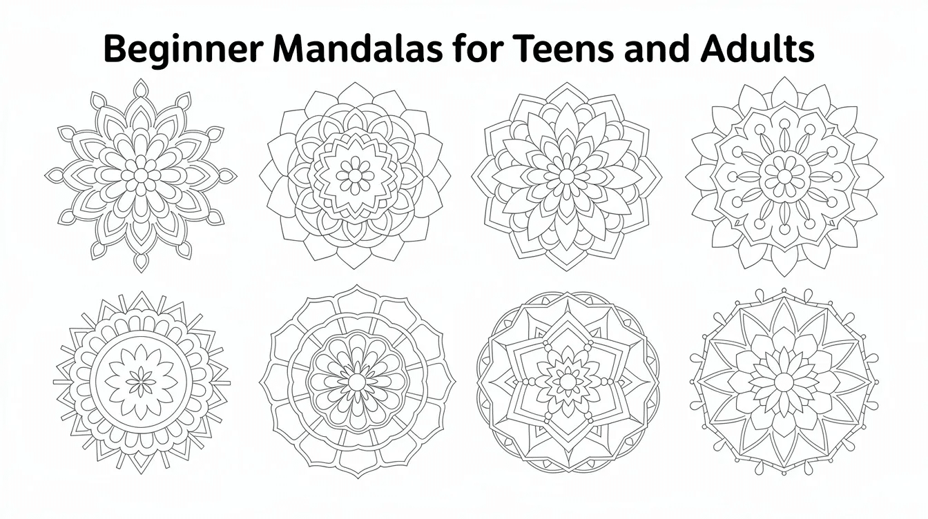 This image features a beginner friendly mandala coloring page designed for teens and adults showcasing simple line drawings filled with flower patterns and large areas perfect for coloring It offers an easy and relaxing way to create beautiful designs making it ideal for older kids and adults looking to unwind