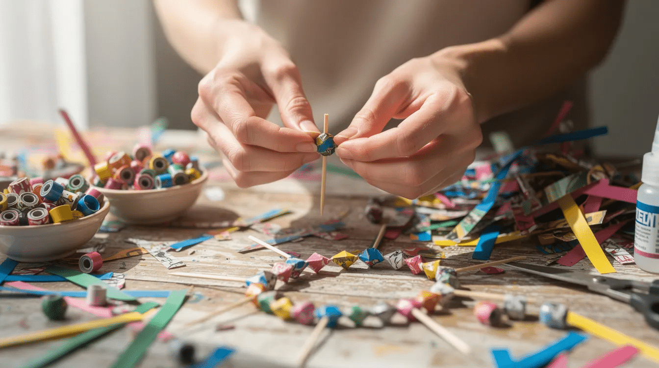 The image shows hands skillfully rolling colorful paper strips into round paper beads on a craft table surrounded by various materials like old magazines and glue sticks The vibrant beads made from different papers are being carefully shaped and coated to create beautiful finished pieces for necklaces and bracelets