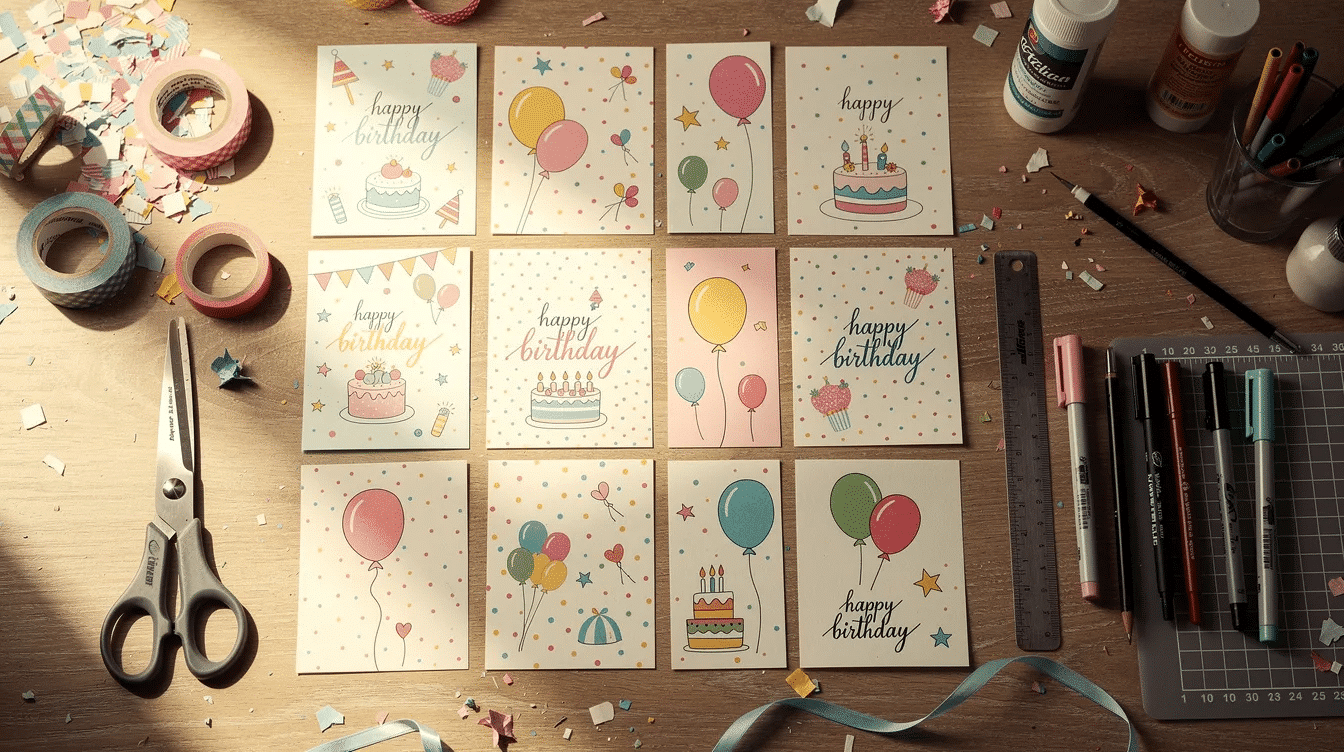 366de2df 052a 425e 9712 d2ece9ccb7f4 A collection of finished handmade birthday cards is displayed alongside various craft tools such as scissors glue and stickers showcasing creative DIY birthday card ideas perfect for celebrating loved ones on their special day The colorful cards feature cheerful designs messages and decorations ready to bring joy to friends and family