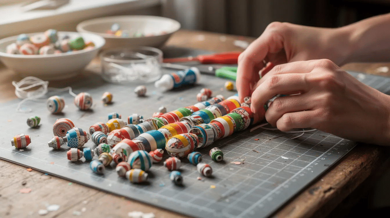 A pair of hands is carefully arranging vibrant handmade paper beads on a craft table surrounded by materials like paper strips glue sticks and a foam block The finished beads are in various shapes and sizes showcasing the bead making process and the technique used to seal them with clear nail polish for a glossy finish