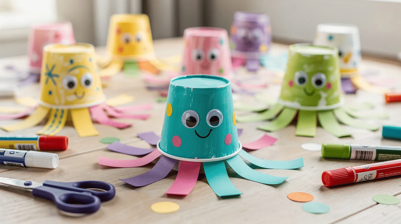 39f6f329 cf51 41a1 a495 35396d85a723 A vibrant display of colorful handmade paper cup octopus crafts is arranged on a table showcasing various sea creatures with googly eyes and playful tentacles This fun activity is perfect for kids encouraging creativity and fine motor skills through crafting with paper cups glue and paint