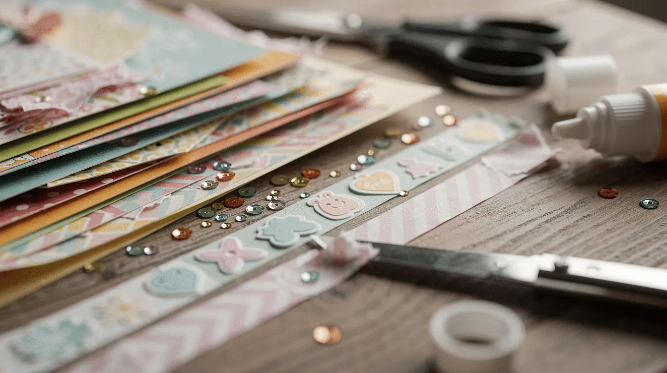 3cc6d4ef 6f01 4f6e 8a71 a265c823d028 A close up view of a crafting table filled with layers of patterned paper small stickers sequins and washi tape alongside various craft tools showcasing an inspiring setup for scrapbook layouts This vibrant collection of supplies highlights the fun of memory keeping and creating scrapbook pages filled with precious memories