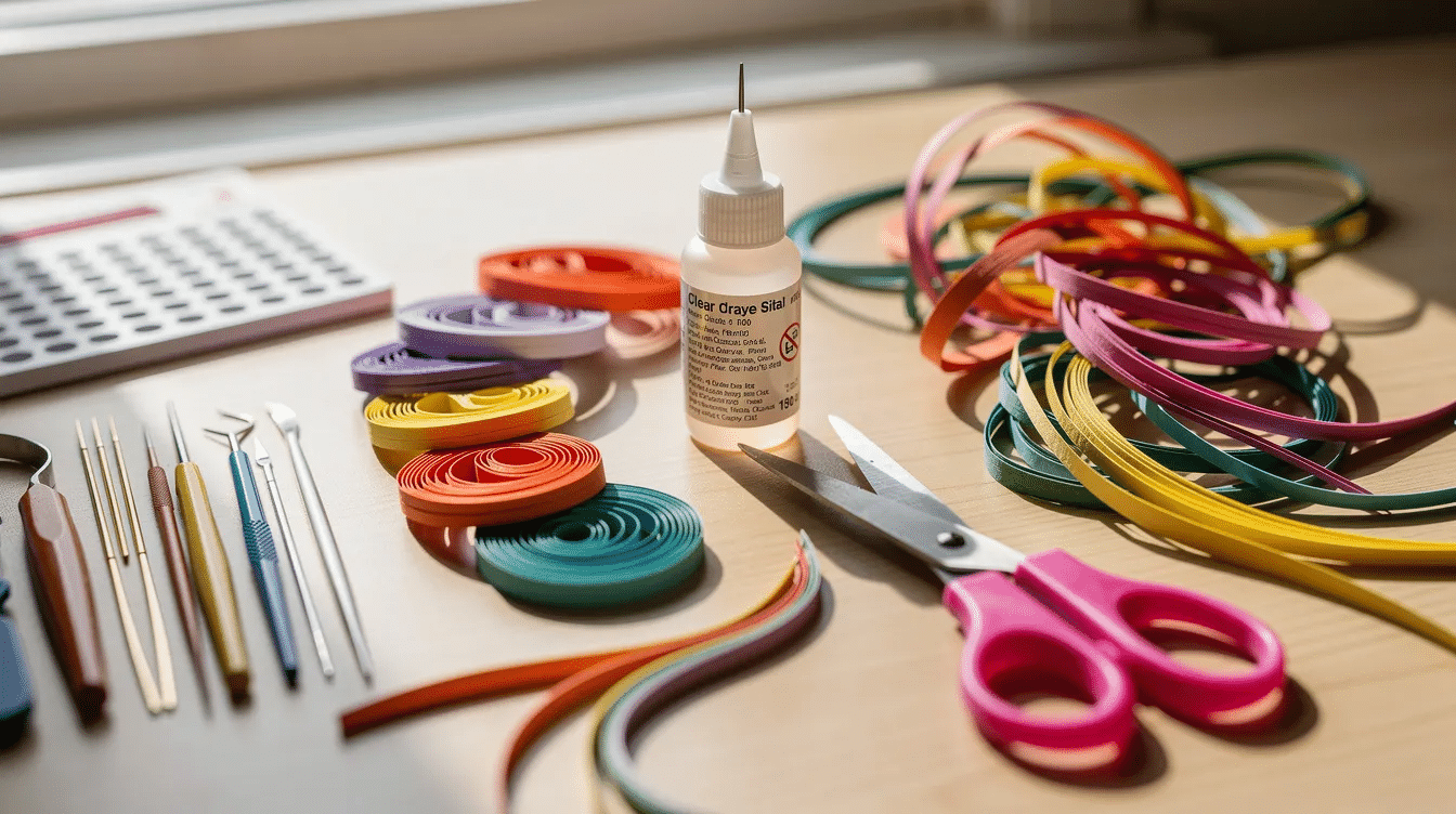 3d619188 c480 4694 855b 9dc6007ed52a The image shows a craft table filled with colorful paper strips glue scissors and various quilling tools perfect for beginners exploring paper quilling projects The setup invites crafters to create stunning quilling art by rolling and shaping the thin strips into different shapes and patterns